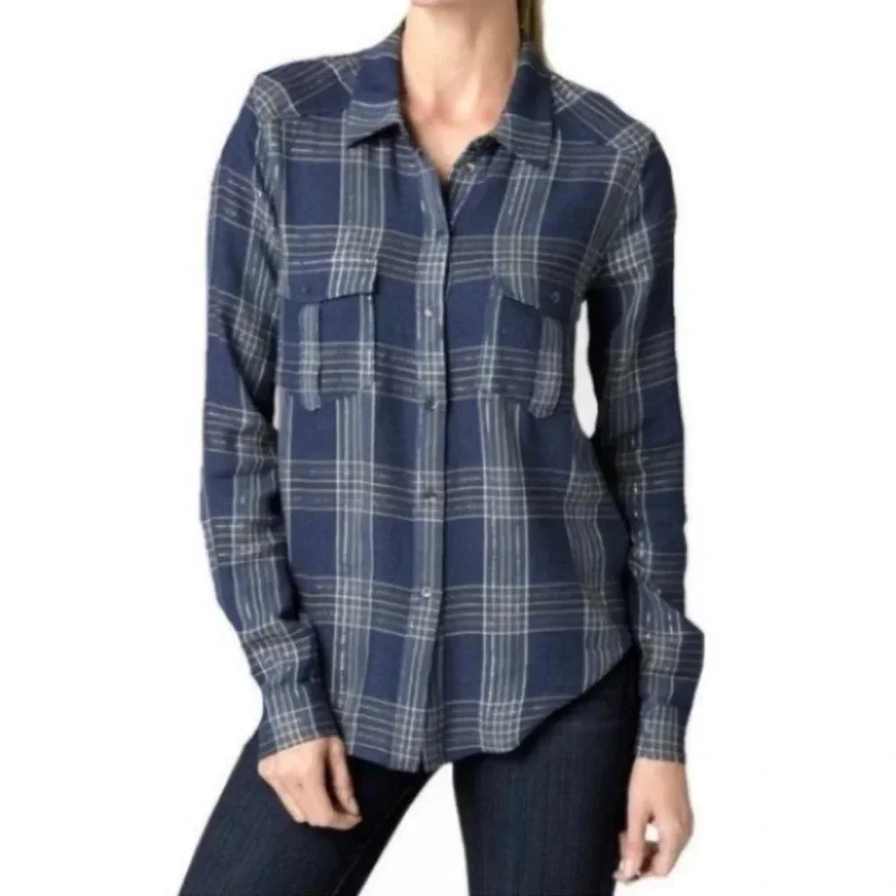 PAIGE Mya Southwestern Metallic Slate Blue Stone Lester Plaid top button down